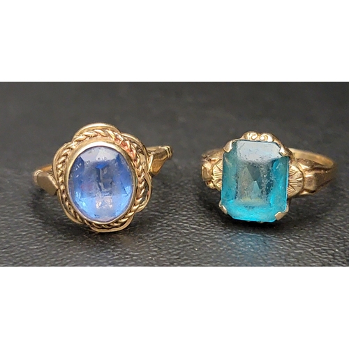 155 - TWO NINE CARAT GOLD DRESS RINGS
both set with blue faceted glass, ring sizes O and L, total weight a... 