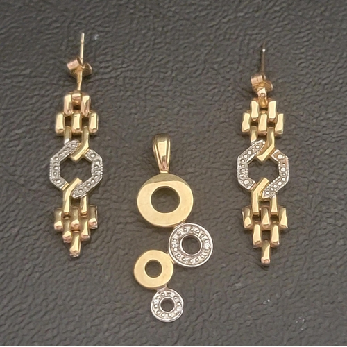 97 - NINE CARAT GOLD PENDANT AND PAIR OF EARRINGS
the pendant formed with four graduated circles, two wit... 