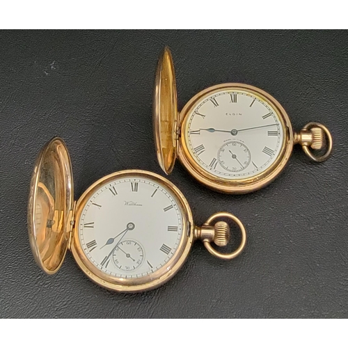 115 - TWO GOLD PLATED FULL HUNTER POCKET WATCHES
one by Waltham and the other by Elgin, both with white en... 