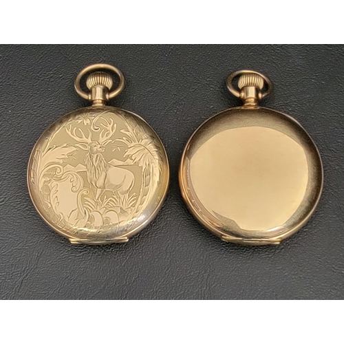 115 - TWO GOLD PLATED FULL HUNTER POCKET WATCHES
one by Waltham and the other by Elgin, both with white en... 