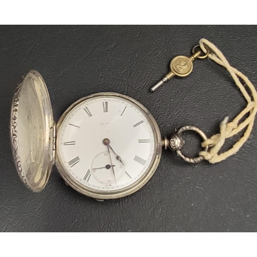 130 - SILVER CASED FULL HUNTER POCKET WATCH
the white enamel dial with Roman numerals and subsidiary secon... 