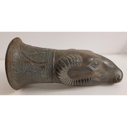 326 - POTTERY RHYTON
modelled as a rams head with a decorative incised collar, 31cm long