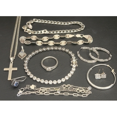 168 - SELECTION OF SILVER JEWELLERY
including chain bracelets, a cross pendant on a chain, hoop earrings, ... 