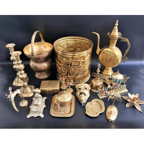 339 - MIXED LOT OF BRASSWARE
including a pair of candlesticks, cigarette box, Arabic coffee pot, spittoon,... 