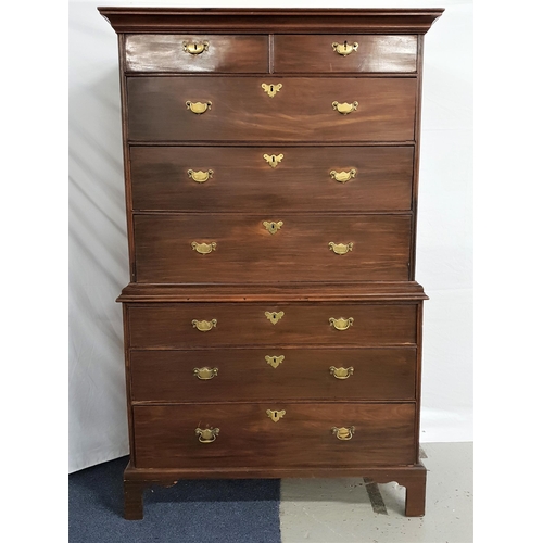 508 - 19th CENTURY MAHOGANY CHEST ON CHEST
with a moulded pediment above two short and six long cockbeaded... 