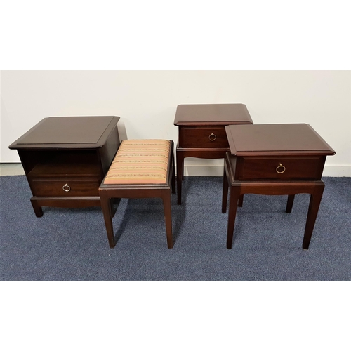 568 - PAIR OF STAG MAHOGANY BEDSIDE TABLES
with a moulded top above a frieze drawer, standing on tapering ... 