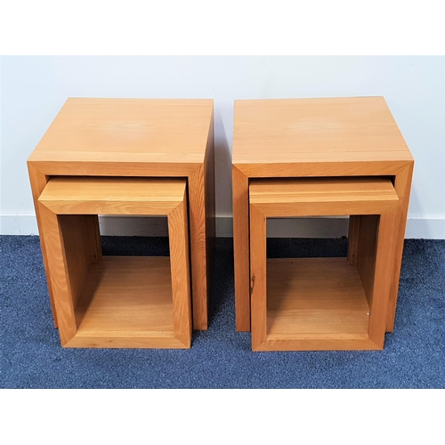 543 - PAIR OF LIGHT OAK OCCASIONAL TABLES
with square tops and plank sides, with a pull out table/cupboard... 