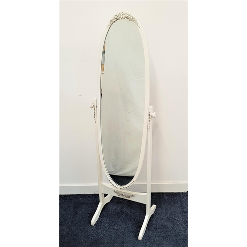 561 - OVAL CHEVAL MIRROR
with a plain plate, standing on shaped supports, 148cm high