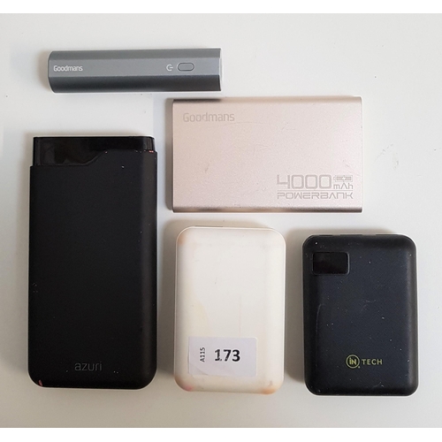 173 - SELECTION OF FIVE POWERBANKS
including In Tech, Goodmans, and Azuri