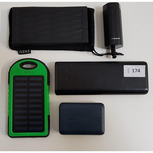 174 - SELECTION OF FIVE POWERBANKS
including Object (solar powered), JSAUX, Inui, and Anker