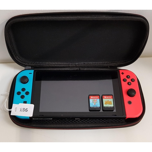 186 - NINTENDO SWITCH 
S/N XKJ70008315611, in a Mario protective case with two games comprising Ugly Dolls... 