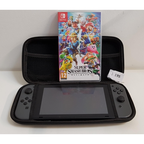 195 - NINTENDO SWITCH 
S/N XAJ40066557308, in a protective case with three games in a case comprising Supe... 