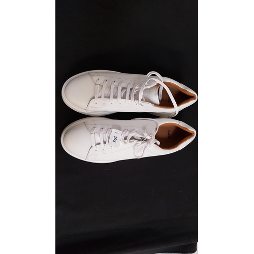 199 - PAIR OF BOSS LOW-TOP TRAINERS IN LEATHER 
with branded lace loop, size 10 
Note: there are some ligh... 