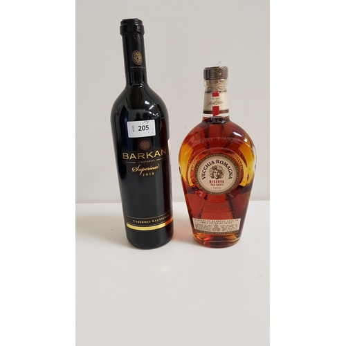 205 - TWO BOTTLES OF WINE AND SPIRITS
comprising Barkan 2018 Cabernet Sauvignon (750ml, 14%) and Vecchia R... 