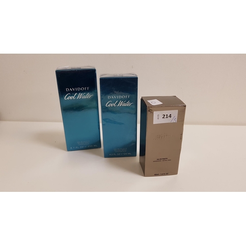 214 - SELECTION OF THREE PERFUMES 
comprising two Davidoff Cool Water eau de toilette (200ml and 125ml) wi... 