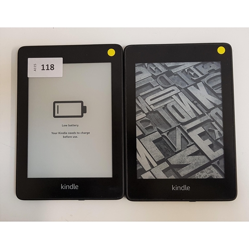 118 - TWO AMAZON KINDLE PAPERWHITE 4 E-READERS
serial numbers G000 PP07 8383 0LCM and G000 T607 8385 01VN ... 