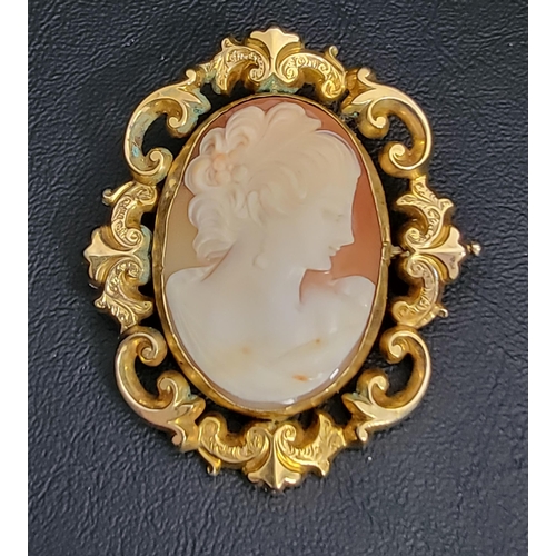LARGE CAMEO BROOCH 
the carved shell cameo depicting a female bust in profile, in pierced and scroll decorated pinchbeck mount, 6.1cm high x 5.2cm wide