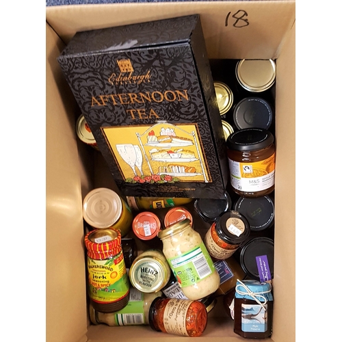 18 - ONE BOX OF CONSUMABLE ITEMS
including selection of chili sauces, jams, marmalade, honey, Heinz sandw... 