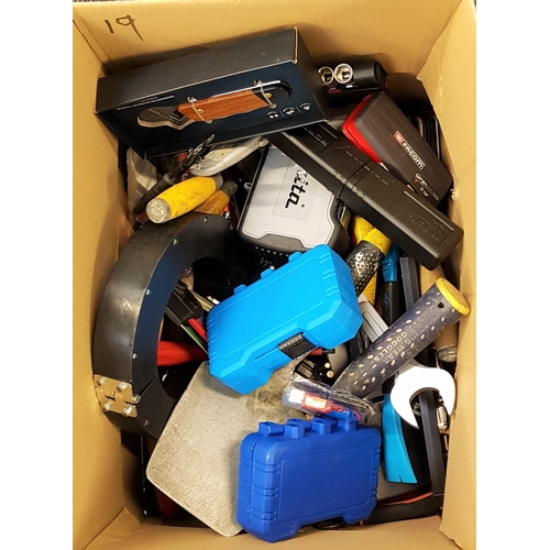 19 - ONE BOX OF TOOLS
including screwdrivers, hammers, drill sets, socket sets, spanners