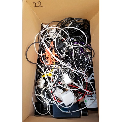 22 - ONE BOX OF CABLES, CHARGERS, CONNECTORS, POWER BANKS AND ADAPTERS
