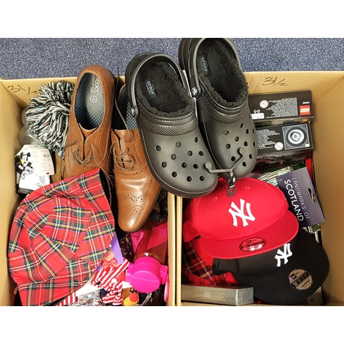 31 - TWO BOXES OF NEW ITEMS
including clothing, kids bagpipes, Lego, souvenirs, fabric, gents shoes (size... 