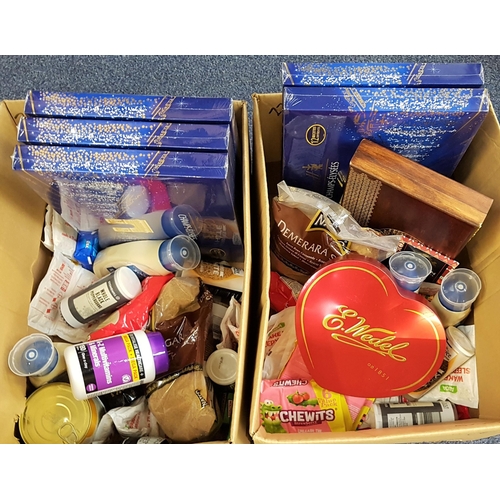 32 - TWO BOXES OF CONSUMABLE ITEMS
including chocolates, Turkish sweets, brown sugar, porridge, mayonnais... 