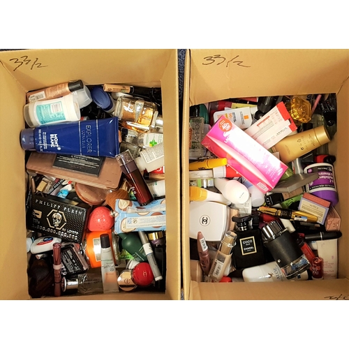 33 - TWO BOXES OF NEW AND USED TOILETRY ITEMS
including Dior, Chanel, Clarins, Bobbi Brown, Mac, Max Fact... 