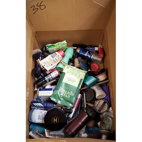 38 - ONE BOX OF NEW AND USED TOILETRY ITEMS
including Mac, Bobbi Brown, Calvin Klein, Chanel, Hugo Boss, ... 