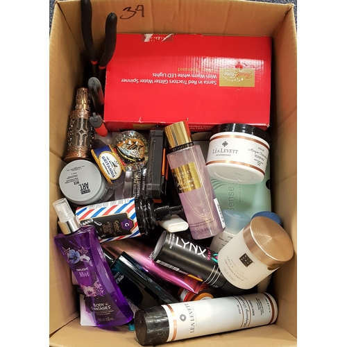 39 - ONE BOX OF MISCELLANEOUS ITEMS
including LED lamps. tools, snow globe, toiletries including Davidoff... 