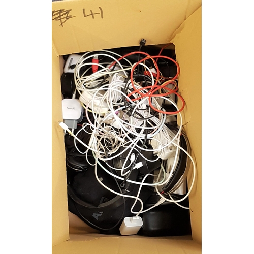 40 - ONE BOX OF HEADPHONES, CABLES, CHARGERS, CONNECTORS, AND ADAPTERS