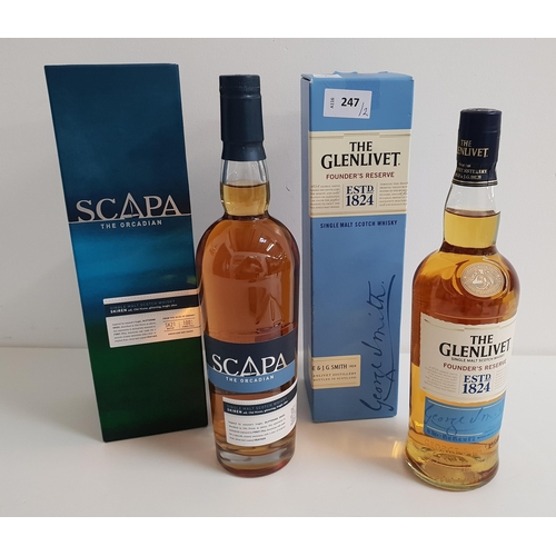 247 - TWO BOTTLES OF WHISKY
comprising Scapa Single Malt (700ml, 40%) and The Glenlivet Founder's Reserve ... 