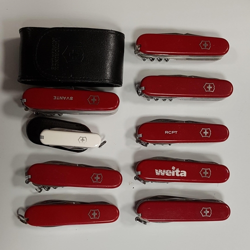 259 - NINE VITRINOX SWISS ARMY KNIVES
of various designs and sizes, two in cases
Note: You must be over th... 