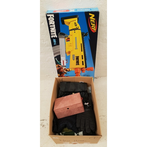 61 - ONE BOX OF NEW ITEMS
including a Fortnite toy gun, clothing, socks, hat, scarf and gloves, ladies ha... 