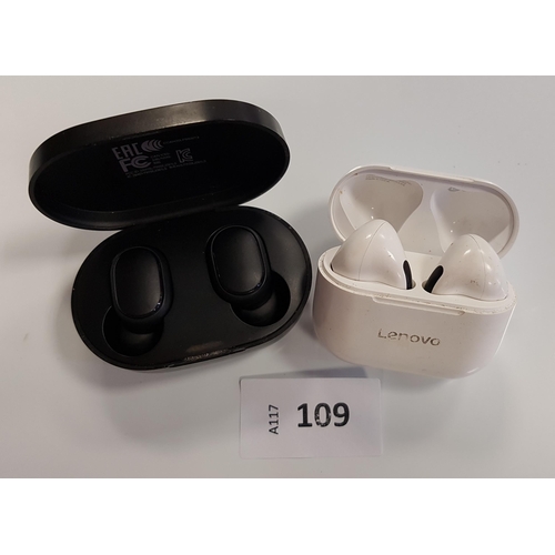 109 - TWO PAIRS OF EARBUDS IN CHARGING CASES
comprising Mi and Lenovo