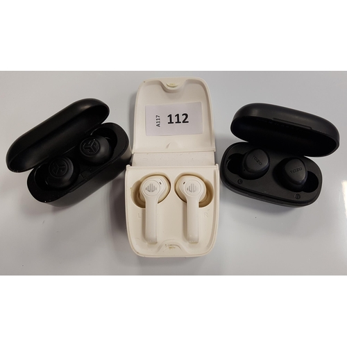 112 - THREE PAIRS OF EARBUDS IN CHARGING CASES
comprising JLab, Tozo and Enacfire