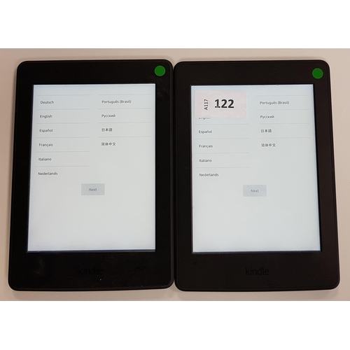 122 - TWO AMAZON KINDLE PAPERWHITE 3 E-READERS
serial numbers G090 G105 8056 00CL and G090 G105 7423 0B61 ... 