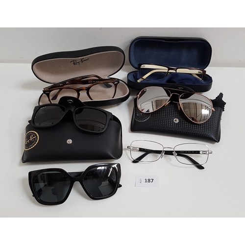 187 - THREE PAIS OF DESIGNER SUNGLASSES AND TWO PAIRS OF 
GLASSES 
the sunglasses comprising 2x Ray-Ban an... 