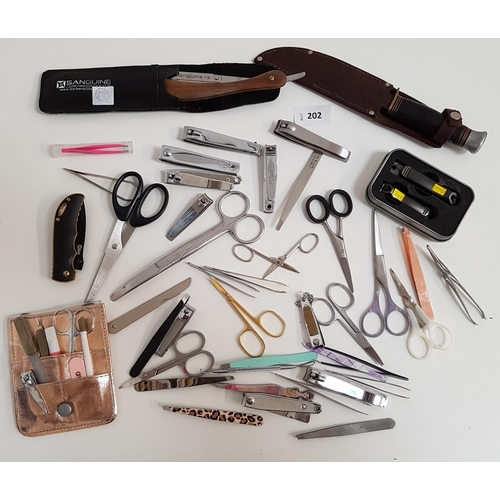 202 - LARGE SELECTION OF SCISSORS, NAIL SCISSORS, TWEEZERS, MANICURE SETS, ETC.