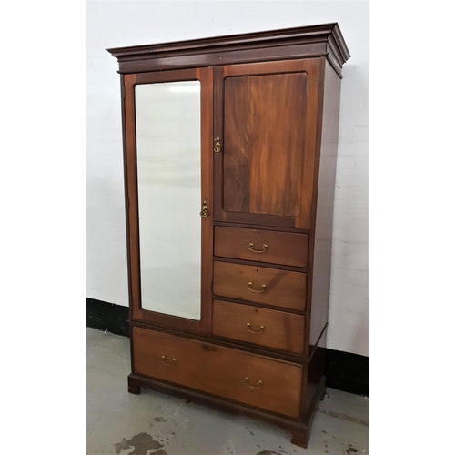 460 - VICTORIAN MAHOGANY WARDROBE
with a moulded pediment above a single mirrored door and a panelled cupb... 