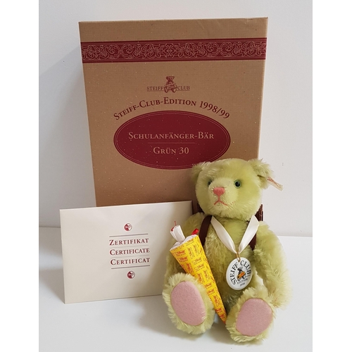 340 - STEIFF SCHOOL STARTER BEAR 1998
Steiff Club Edition 1998/99, in green mohair with medallion and back... 