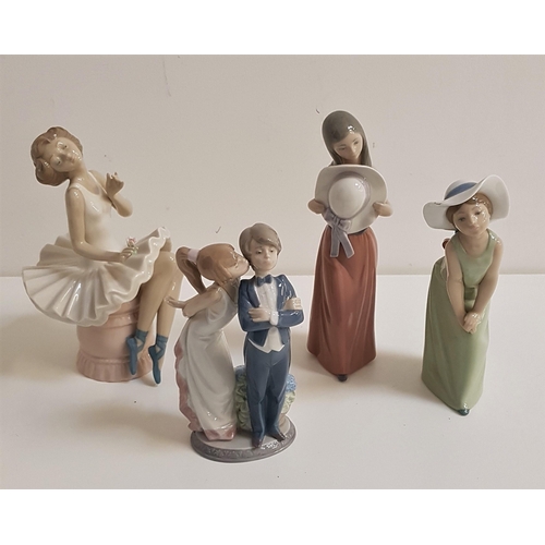 213 - THREE LLADRO FIGURINES
comprising Bashful Girl With Hat, 5007, 25cm high, Curious Girl With Straw Ha... 