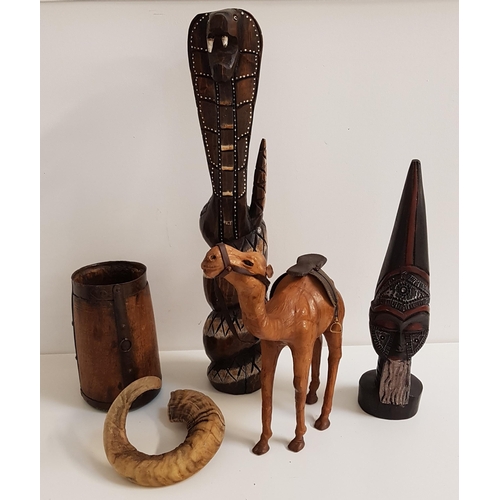 237 - ELM KITCHEN UTENSIL POT
together with a rams horn, leather covered camel, carved snake and an Africa... 