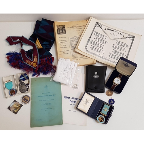 238 - SELECTION OF MASONIC ITEMS
including 'A Mason And A Man' ode, Transactions Of Quatuor Coronati Lodge... 