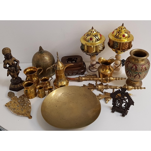 240 - ASSORTED LOT OF BRASSWARE
including a pair of lamps raised on alabaster bases, Middle Eastern coffee... 