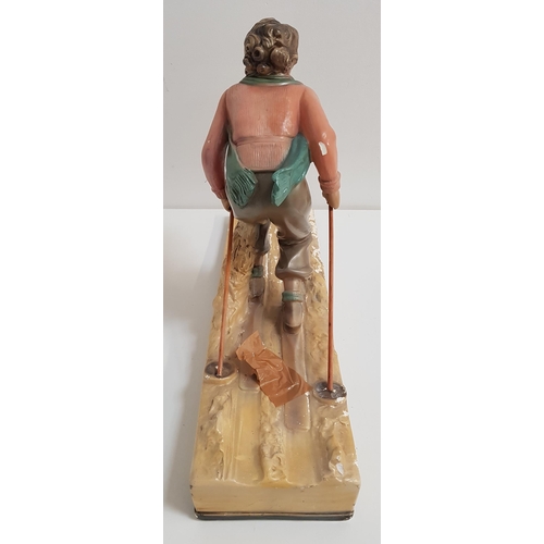 242 - ART DECO POLYCHROME PLASTER FIGURINE
of a female skier on a naturalistic rectangular base stamped OP... 