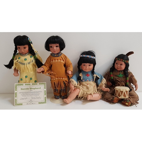 352 - SET OF FOUR DANBURY MINT NATIVE AMERICAN DOLLS
with porcelain heads, arms and legs, in traditional d... 