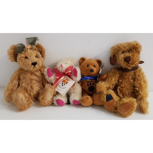 357 - FOUR ASSORTED TEDDY BEARS
comprising Scruff, a Black Watch Bear, 11/11, with jointed limbs, 30cm hig... 