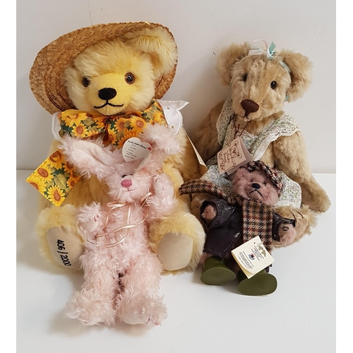 358 - THREE TEDDY BEARS
comprising a Hermann Summer Sunshine Bear with jointed limbs and marked to the foo... 