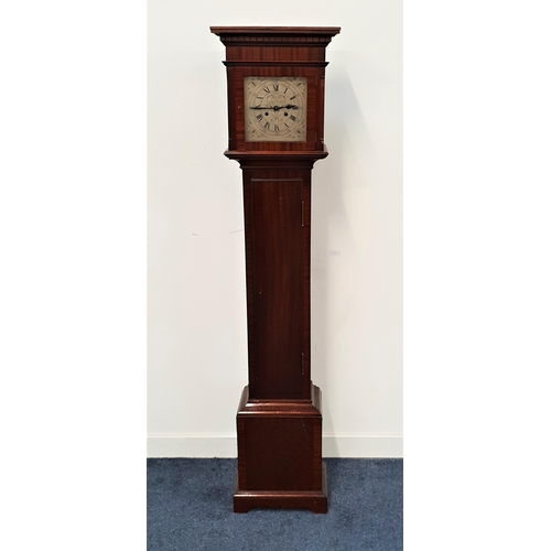 424 - MAHOGANY GRANDMOTHER CLOCK
of slim proportions with a square silvered dial with Roman numerals marke... 