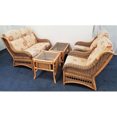 452 - CANED CONSERVATORY SUITE 
comprising a two seat sofa and two armchairs with back and seat cushions, ... 